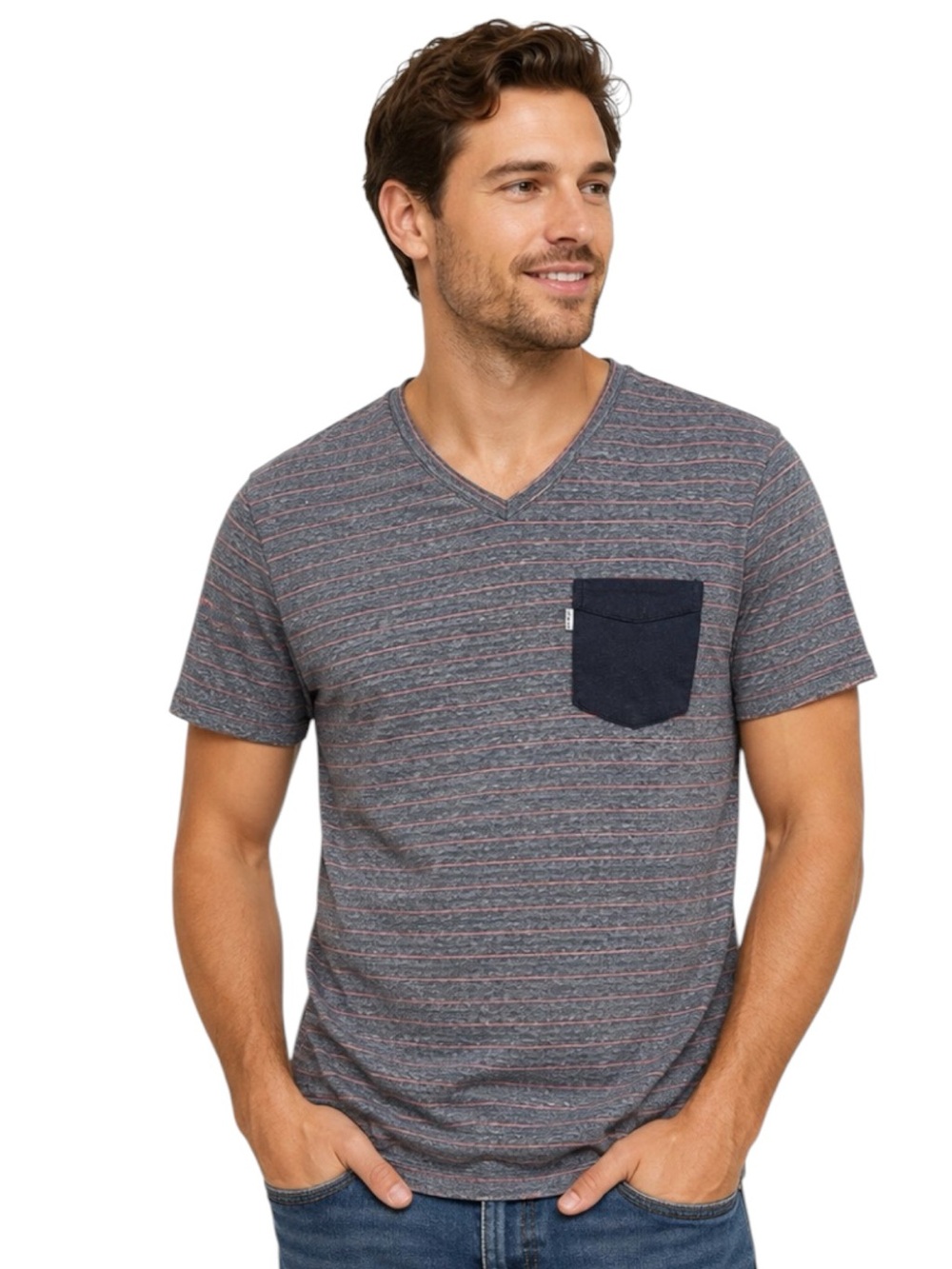 Levi’s Men’s Large Gray Coral Stripe V Neck Pocket T Shirt